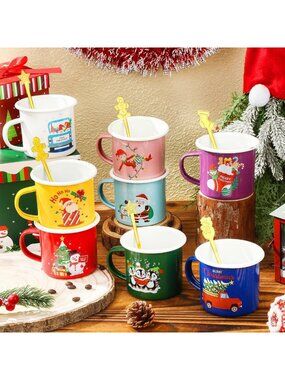 Set of 8 Cute Christmas Enamel Mugs with Spoons - 12 Oz Holiday Drinkware